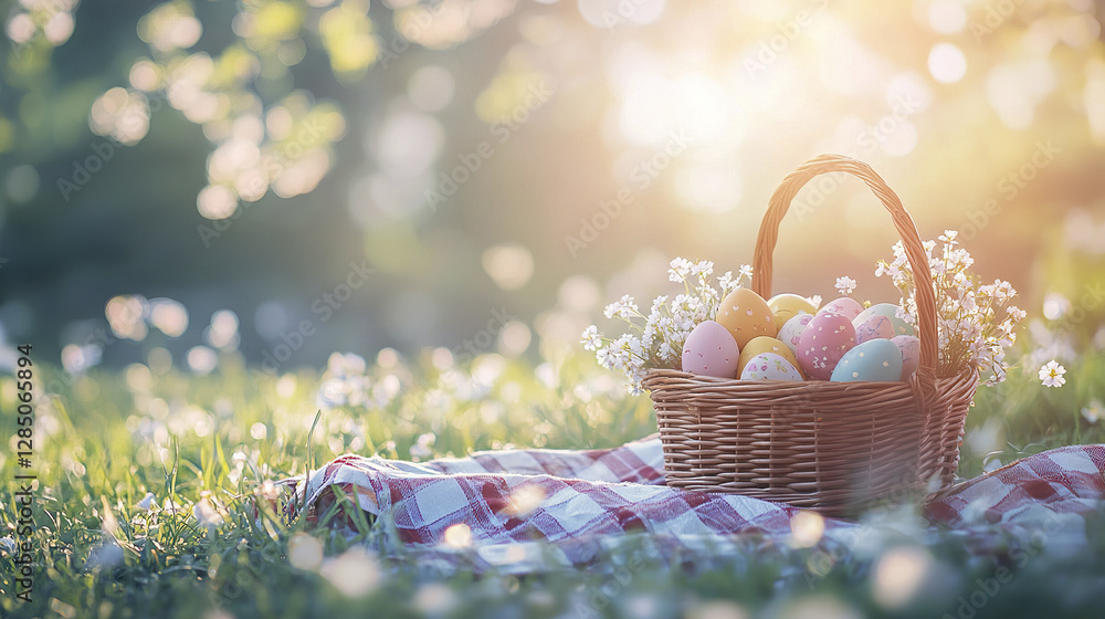 basket of colorful Easter eggs on picnic blanket in sunny field basket of colorful Easter eggs on picnic blanket in sunny field