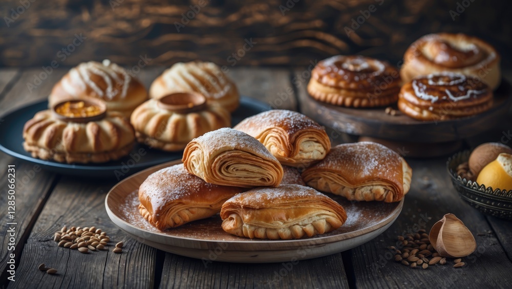 Middle Eastern sweets arranged on a rustic wooden surface Middle Eastern sweets arranged on a rustic wooden surface