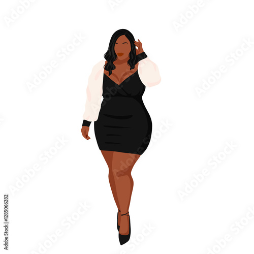 Black Plus-Size Woman in Trendy Dress – Body Positive Illustration