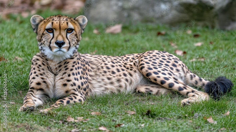 Cheetah Relaxing Gracefully Amidst Green Grass with Spots and Bright Eyes in Natural Habitat Cheetah Relaxing Gracefully Amidst Green Grass with Spots and Bright Eyes in Natural Habitat