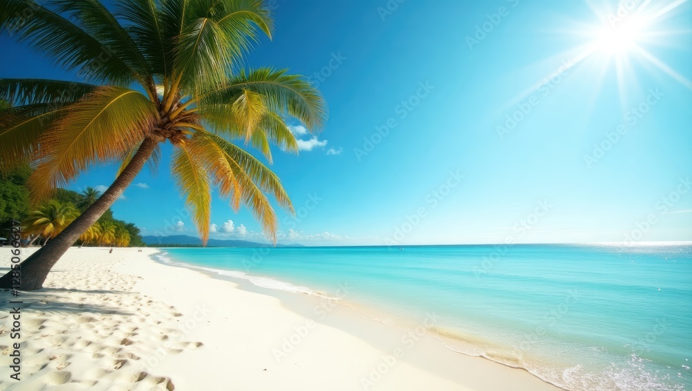 Fototapeta premium A stunning tropical beach with soft white sand, swaying palm trees, and a clear blue ocean under a bright sun.