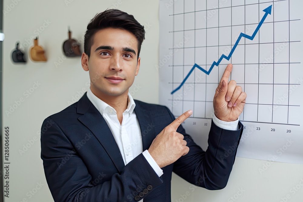 Smiling Businessman Pointing Upward Trend on Chart in Presentation, Wearing Navy Suit, Indoors, Optimistic Mood, Cool Tones, Medium Shot