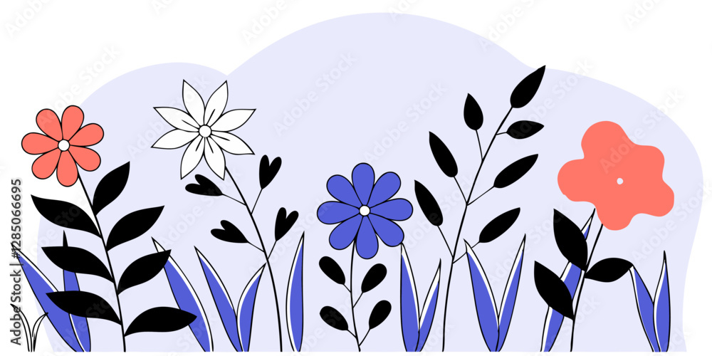 Diseño floral minimalista en azul y coral - Arte decorativo moderno