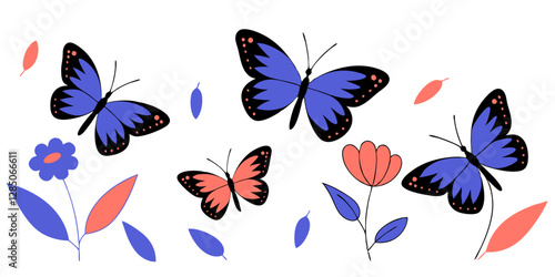omposición con flores y mariposas moderna - Diseño abstracto en coral y azul
