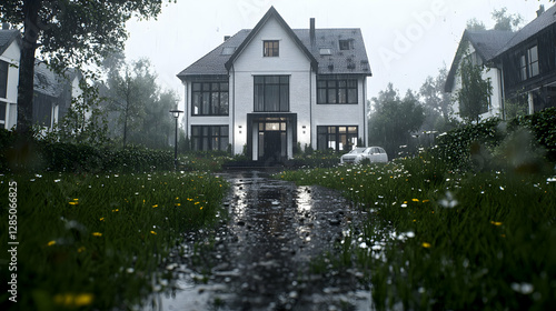 Rainy day suburban house, car parked, green grass. Real estate, architecture