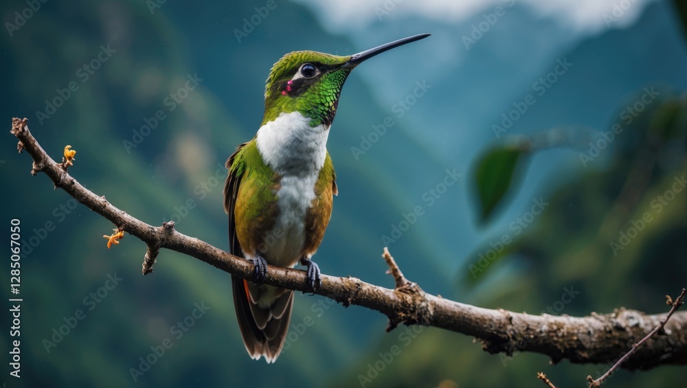 Fototapeta premium Majestic hummingbird, Patagona gigas, perched on a branch in its mountainous habitat, Antisana NP, Ecuador. Observing birds in South America. The largest species of hummingbird globally.