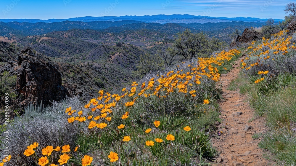 Fototapeta premium Serene Mountain Trail with Blooming Wildflowers