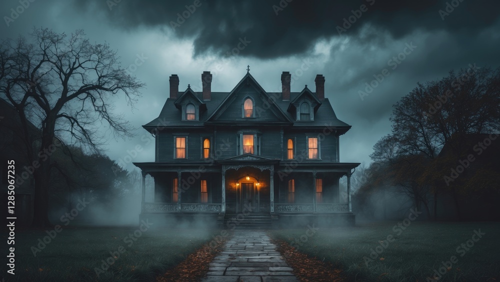 Obraz premium Employ digital painting techniques with blurring effects to produce an eerie house illustration surrounded by dark clouds.