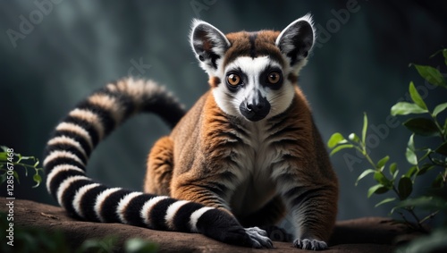 Lemur catta with a ringed tail. A lone lemur gazing straight into the camera.