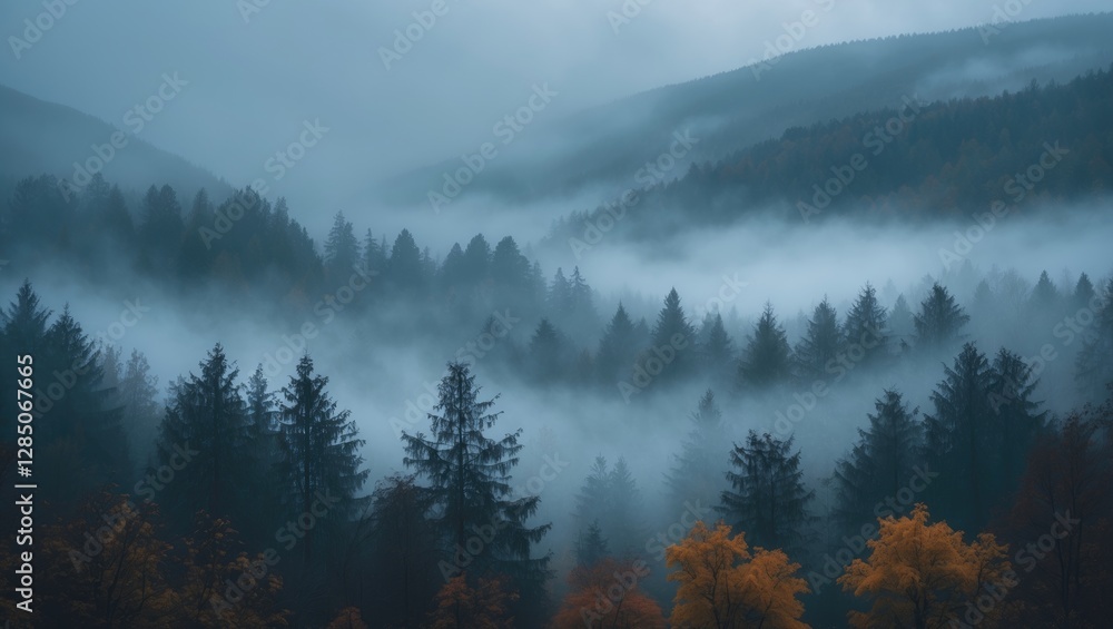 Charm of Ukrainian landscapes. Autumnal mountains enveloped in fog. Dark silhouettes of trees in the woods. Canopies of trees shrouded in mist. Hazy morning in the wooded mountain scenery during au... Charm of Ukrainian landscapes. Autumnal mountains enveloped in fog. Dark silhouettes of trees in the woods. Canopies of trees shrouded in mist. Hazy morning in the wooded mountain scenery during au...