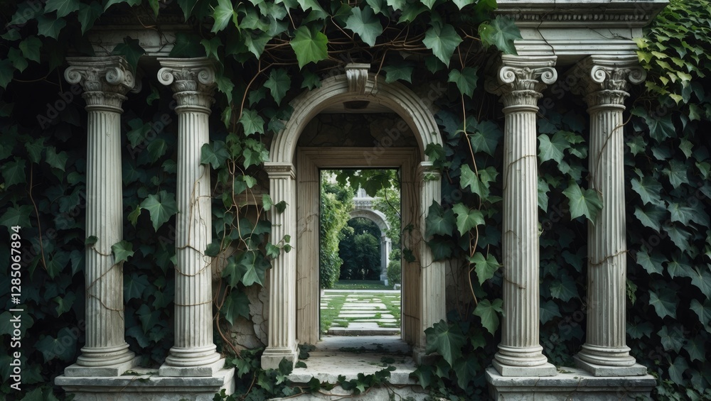 Fototapeta premium Ivy-covered ancient Roman archway vector collection. A frame featuring a stone column entwined with vine, leading to a white marble entrance. Imagery of a classic palace architecture with a traditi...