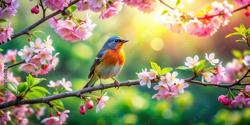 Fototapeta premium Bird perched on blooming branches surrounded by spring flowers in a lush green garden with vibrant colors and soft light filtering through the leaves, landscape, wildlife