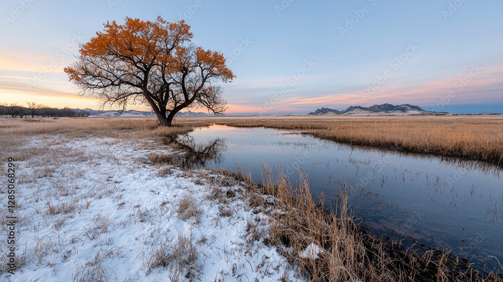 Solitary autumn tree reflecting in calm water at sunrise, snowy field Solitary autumn tree reflecting in calm water at sunrise, snowy field