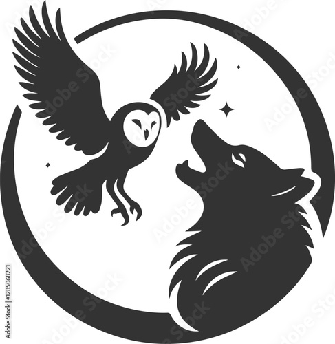 Fotografía A wolf howling at an owl in flight animal vector silhouette