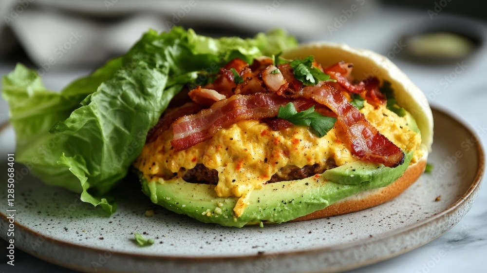Artfully presented on a sleek plate, this keto burger boasts a rich, flavorful patty, creamy avocado, and crunchy bacon, wrapped in either a delicate lettuce cup or a warm, fluffy keto bun. Artfully presented on a sleek plate, this keto burger boasts a rich, flavorful patty, creamy avocado, and crunchy bacon, wrapped in either a delicate lettuce cup or a warm, fluffy keto bun.