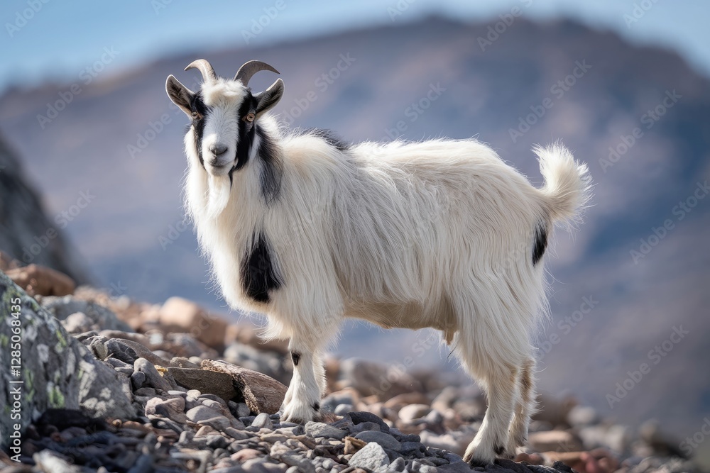 Obraz premium Majestic Black and White Goat Standing on Rocky Terrain with Mountain Backdrop, Natural Light, Outdoor Portrait, Full Body Shot