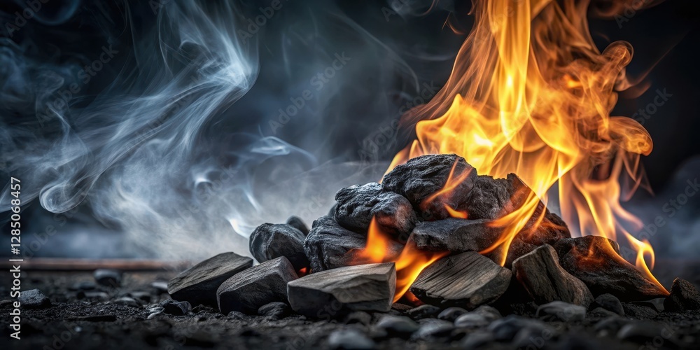 Black volcanic rock charcoal flames background with smoky atmosphere and flickering light, wood smoke, grill Black volcanic rock charcoal flames background with smoky atmosphere and flickering light, wood smoke, grill