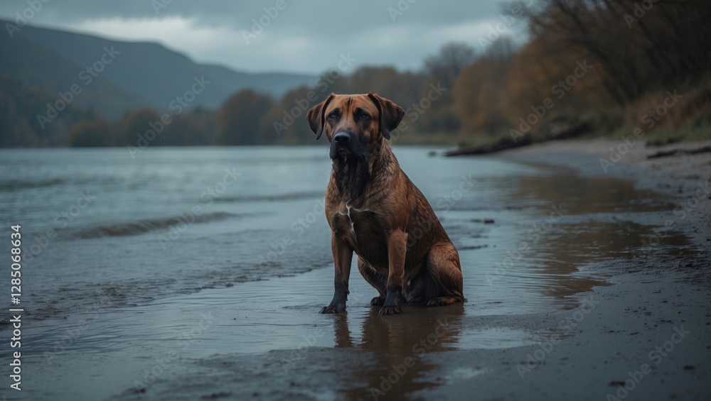 Wet hunting dog, Drathaar resting on a riverbank after a swim at the beach. Wet hunting dog, Drathaar resting on a riverbank after a swim at the beach.