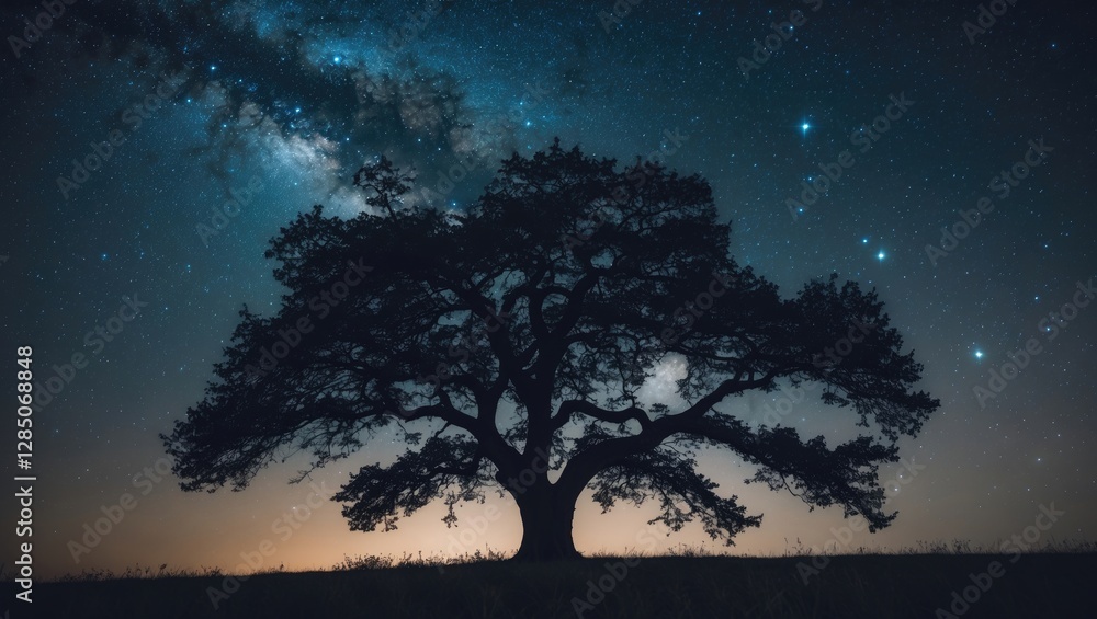 Naklejka premium silhouetted tree under a star-filled cosmic sky