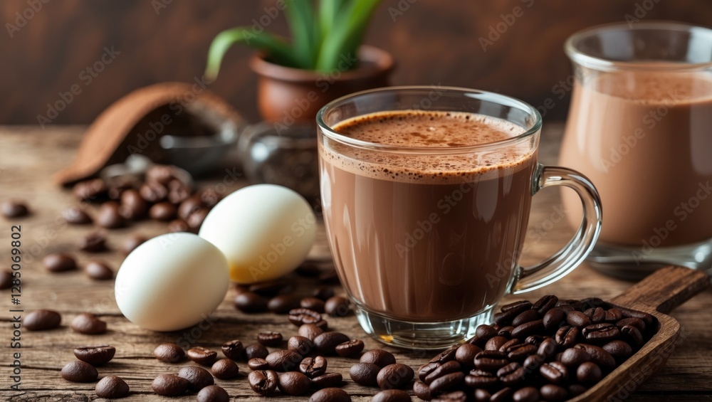 Fototapeta premium a mug of warm cocoa coffee paired with a boiled egg