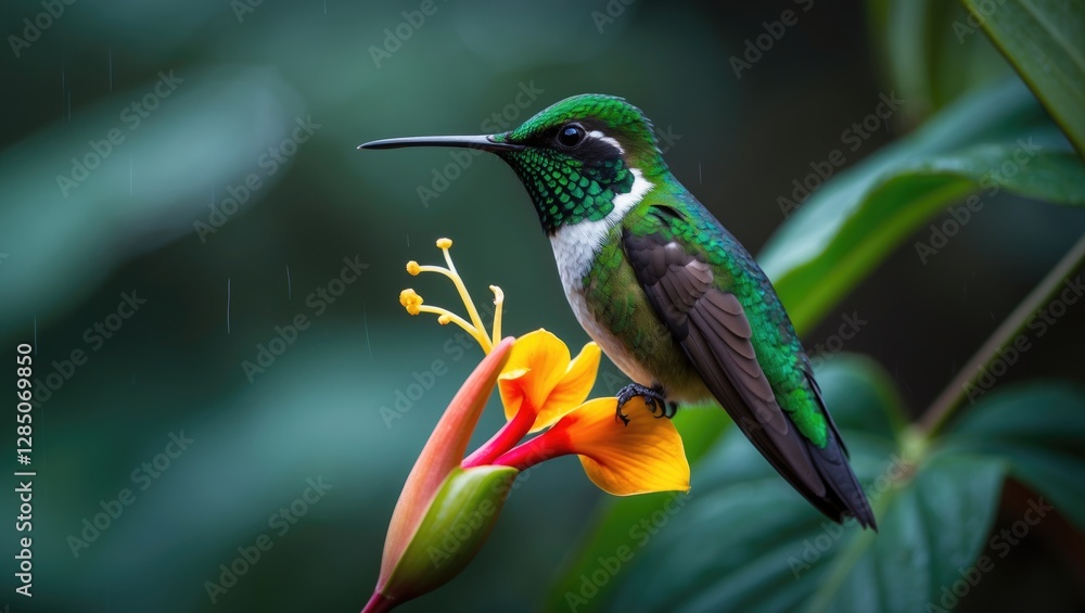 Fototapeta premium A brilliant green-crowned hummingbird (Heliodoxa jacula) drinking nectar from a heliconia flower while perched in the Costa Rican rainforest.