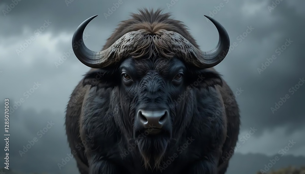 Brooding Buffalo – A muscular buffalo with narrowed eyes, head slightly tilted down, against a stormy gray background. Brooding Buffalo – A muscular buffalo with narrowed eyes, head slightly tilted down, against a stormy gray background.