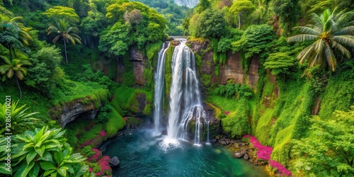 Breathtaking top view of lush tropical island's stunning waterfall cascading down a rugged rocky cliff surrounded by dense greenery and exotic flowering plants , scenery, waterfall