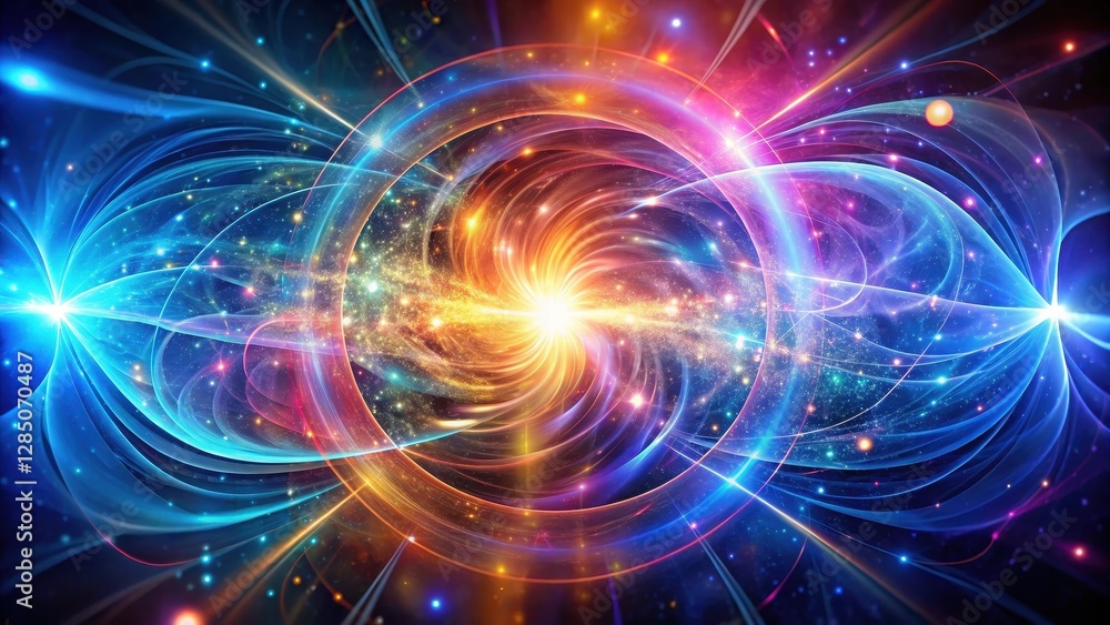 Obraz premium A swirling vortex of iridescent gases and shimmering energy waves in a mesmerizing display of quantum mechanics