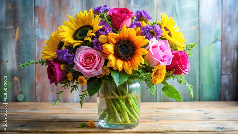 Stunning bouquet of mixed flowers in a clear glass vase Stunning bouquet of mixed flowers in a clear glass vase