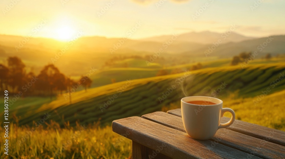 Serene Sunrise Over Green Hills with Cup of Tea on Wooden Table Serene Sunrise Over Green Hills with Cup of Tea on Wooden Table