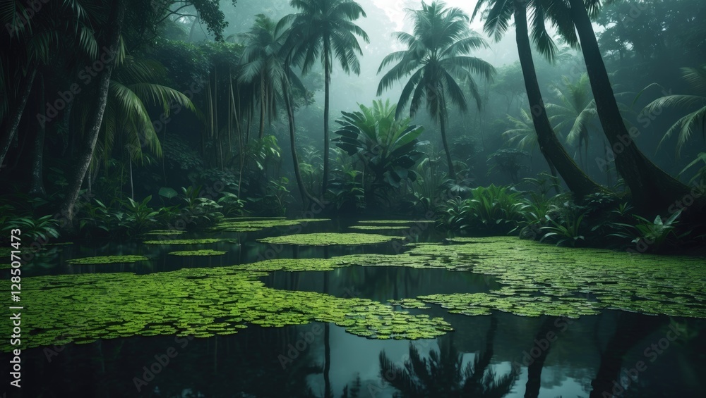 Fototapeta premium A conceptual illustration symbolizing hydrogen as a sustainable energy source represented by a tranquil pond surrounded by untouched jungle.