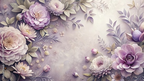 Soft pastel purple floral pattern with delicate petals and leaves in a vintage style, reminiscent of old 