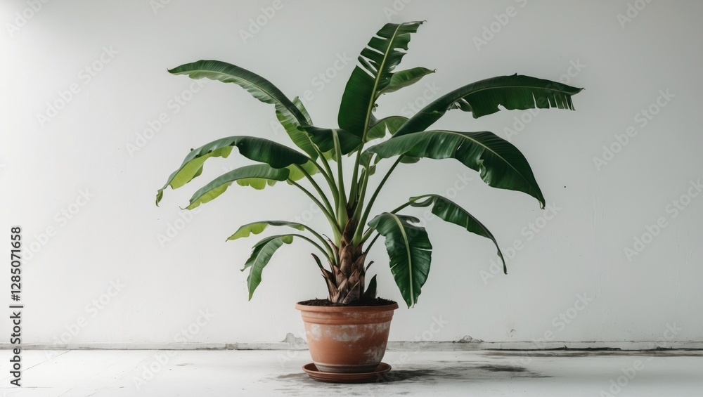 Fototapeta premium Image of a banana plant in a pot against a white backdrop