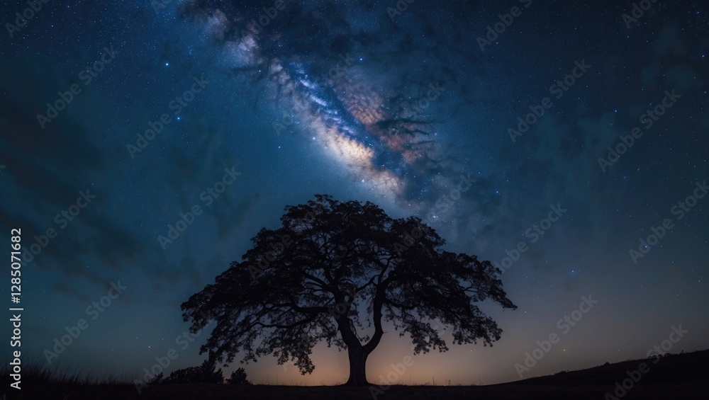 A night sky captured with long exposure features a shadowy tree beneath the beautiful Milky Way. A night sky captured with long exposure features a shadowy tree beneath the beautiful Milky Way.