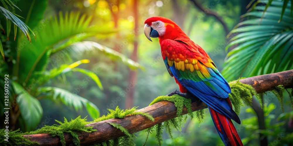 Colorful tropical macaw perched on a branch in the lush rainforest with vibrant plumage and bright green foliage, colorful bird, parrot species Colorful tropical macaw perched on a branch in the lush rainforest with vibrant plumage and bright green foliage, colorful bird, parrot species