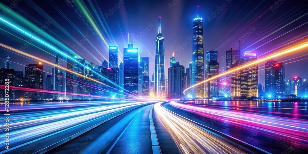 Bright neon light streaks in motion resembling futuristic speed, illuminated cityscape at night, nighttime, neon lights Bright neon light streaks in motion resembling futuristic speed, illuminated cityscape at night, nighttime, neon lights