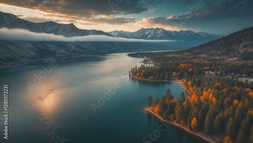 A bird's-eye perspective of South Lake Tahoe, located on the border of California and Nevada.