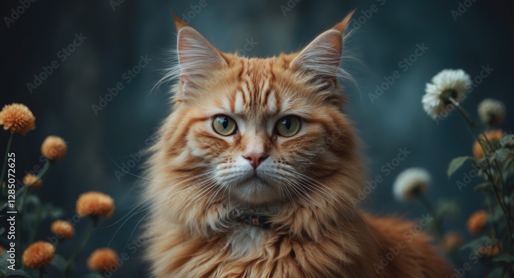 Fototapeta premium Image of a fluffy orange feline surrounded by flowers