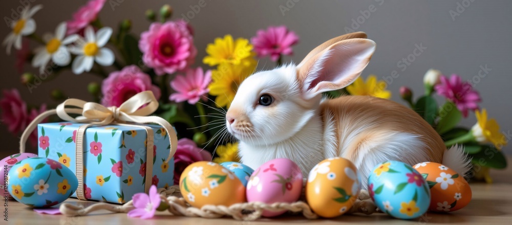Brown and White Easter Bunny with Blue Gift Box, Pastel Eggs, and Colorful Flowers, Festive Springtime Scene with Rabbit, Decorated Eggs, and Floral Accents
