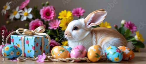 Obraz na płótnie Brown and White Easter Bunny with Blue Gift Box, Pastel Eggs, and Colorful Flowers, Festive Springtime Scene with Rabbit, Decorated Eggs, and Floral Accents w salonie