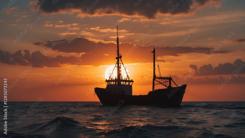 Scenic sunset with a small fishing boat silhouetted against a large cloud horizon as the sun sets over the sea. Scenic sunset with a small fishing boat silhouetted against a large cloud horizon as the sun sets over the sea.