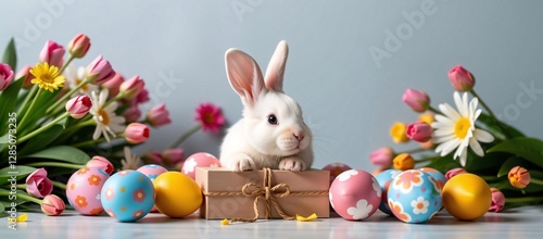 White Easter Bunny with Gift, Pastel Eggs, and Tulips on Light Blue Background, Festive Springtime Scene with Rabbit, Decorated Eggs, and Floral Accents