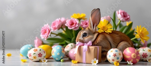 Brown Easter Bunny with Gift, Pastel Eggs, and Pink Flowers, Festive Springtime Scene with Rabbit, Decorated Eggs, and Floral Accents