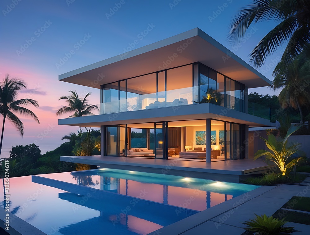 Fototapeta premium Modern villa with stunning sunset view and infinity pool surrounded by tropical palm trees, perfect for a luxury getaway or vacation retreat in a tropical paradise