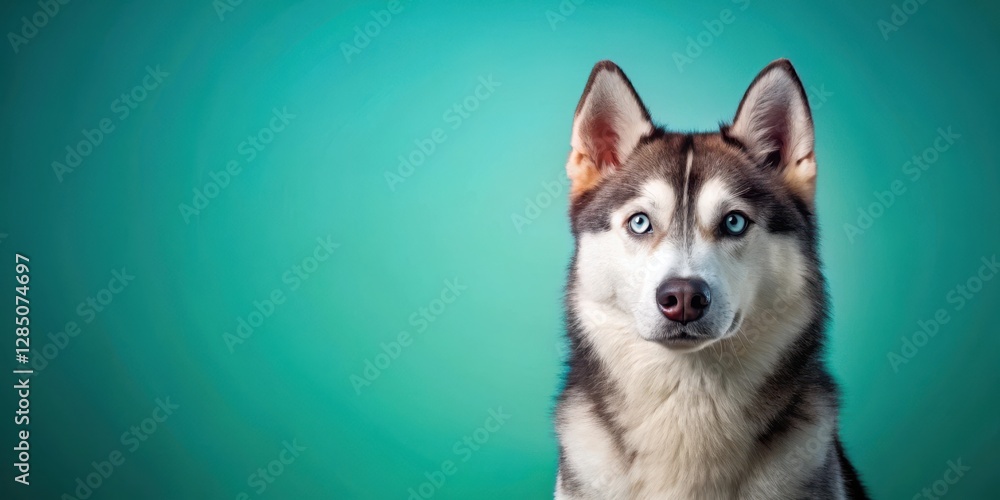 Fototapeta premium Siberian husky dog sitting on turquoise background with big brown eyes and tilted head, looking at something off-camera, adorable puppy, cute animals