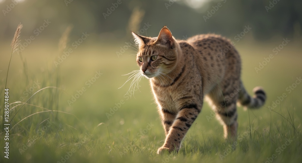 Obraz premium A Serengeti cat strolling through the grass in an outdoor setting.
