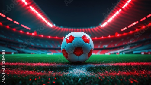 Contemporary football backdrop, illuminated in red light, image reflecting trends from Qatar 2022, soccer stadium at night.