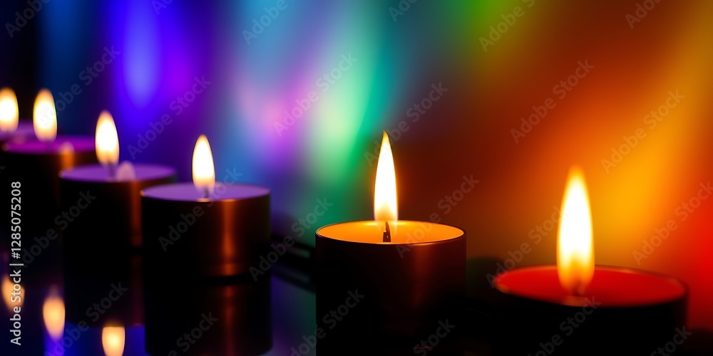Burning candles glow warmly in the darkness, their flames flickering with romantic light Burning candles glow warmly in the darkness, their flames flickering with romantic light