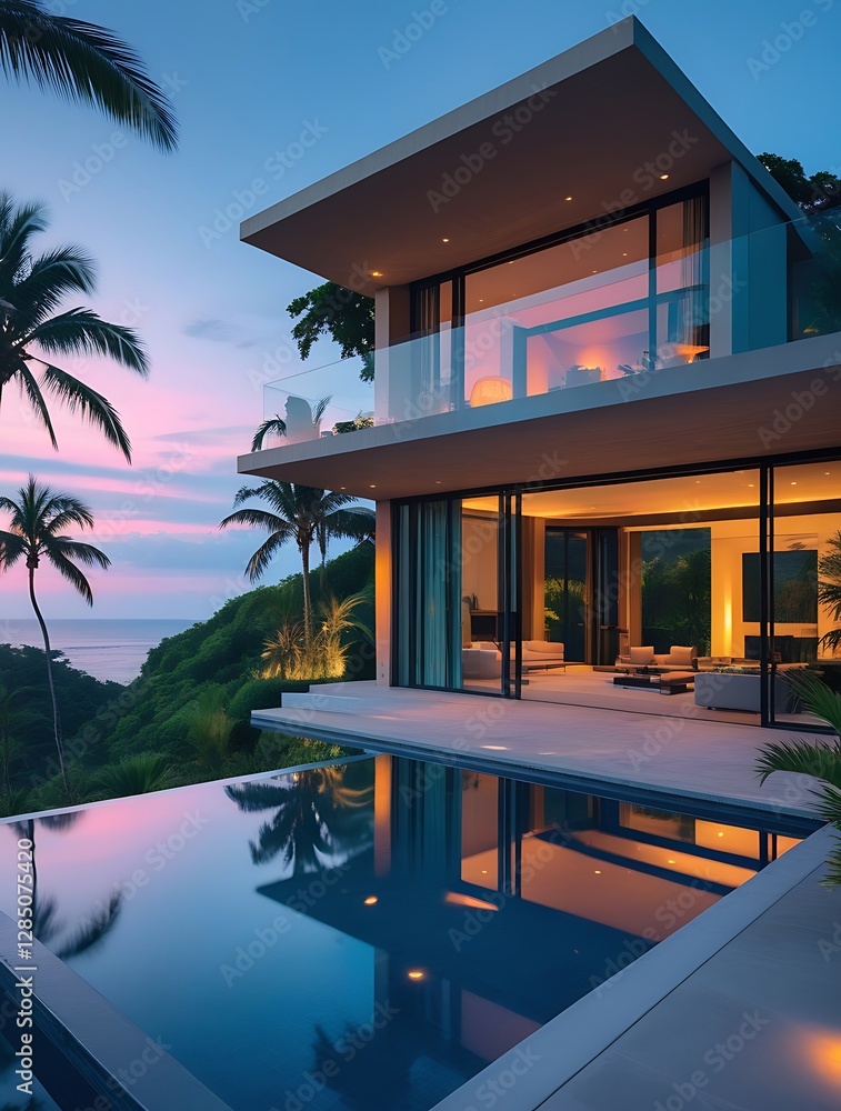 Fototapeta premium Modern villa with stunning sunset view and infinity pool surrounded by tropical palm trees, perfect for a luxury getaway or vacation retreat in a tropical paradise