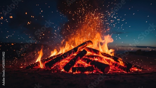 Bright red sparks soar from a large nighttime fire. An enchanting abstract backdrop highlighting themes of flame, illumination, and vitality. photo